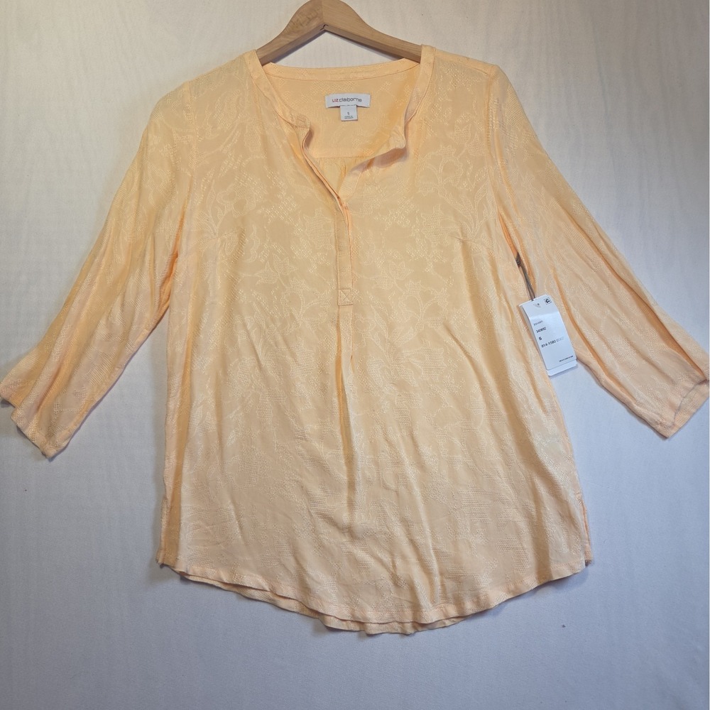 NWT Liz Claiborne Women's S Peach Floral Jacquard Rayon 3/4 Sleeve Blouse